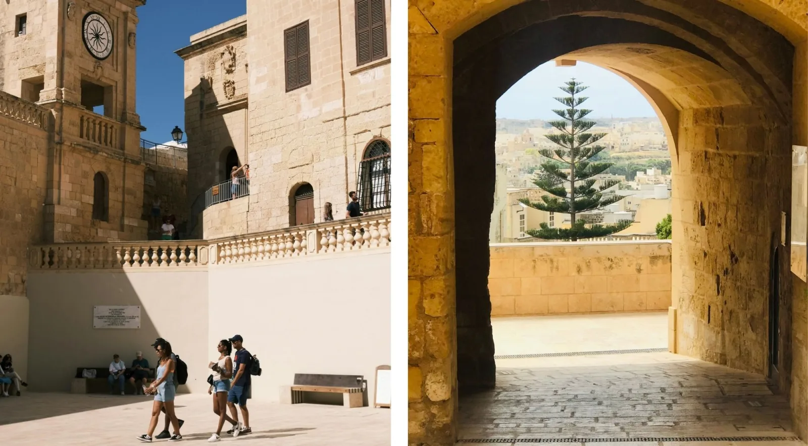 Visitors crossing the Citadel square on Gozo beside a stone gate arch looking out over Victoria