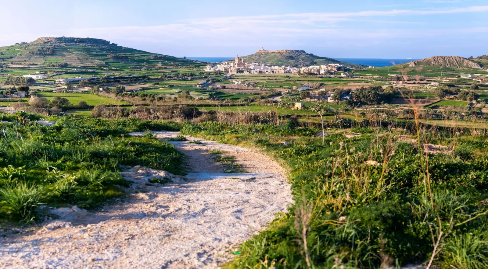Stone track running through terraced green fields toward a hilltop village in the Gozo countryside