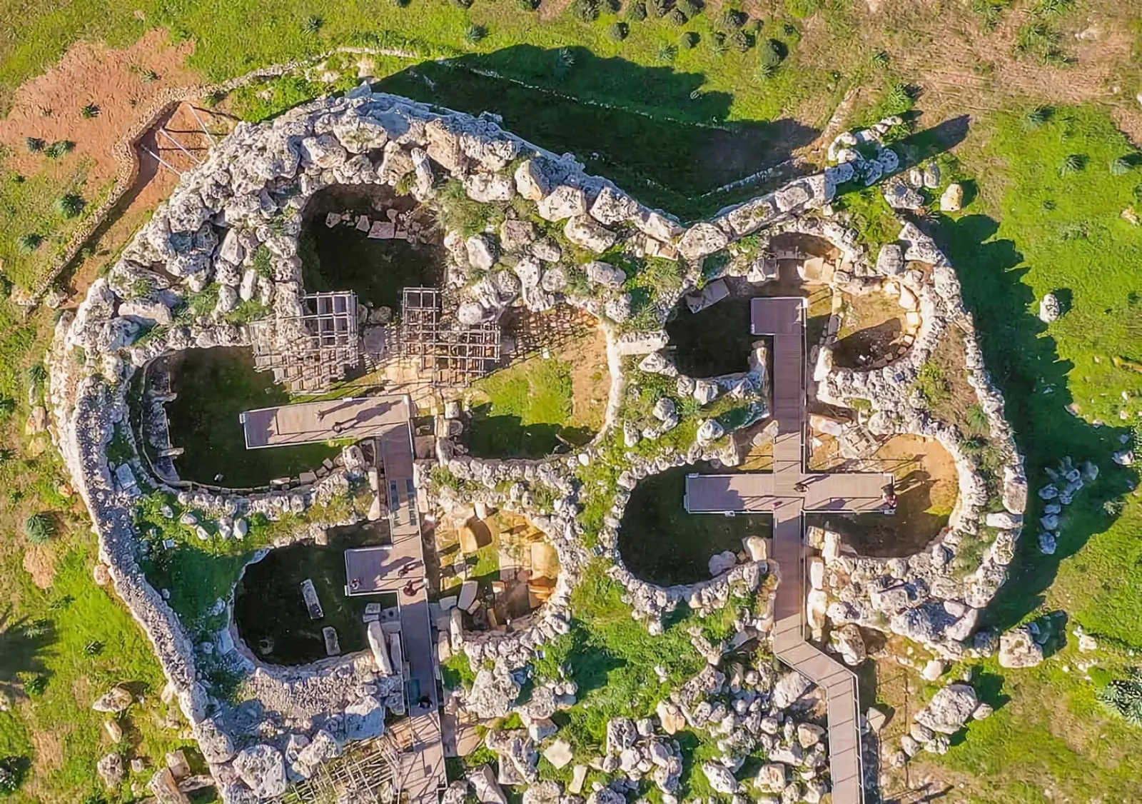 Aerial view of the lobed ground plan of the Ġgantija Temples on Gozo