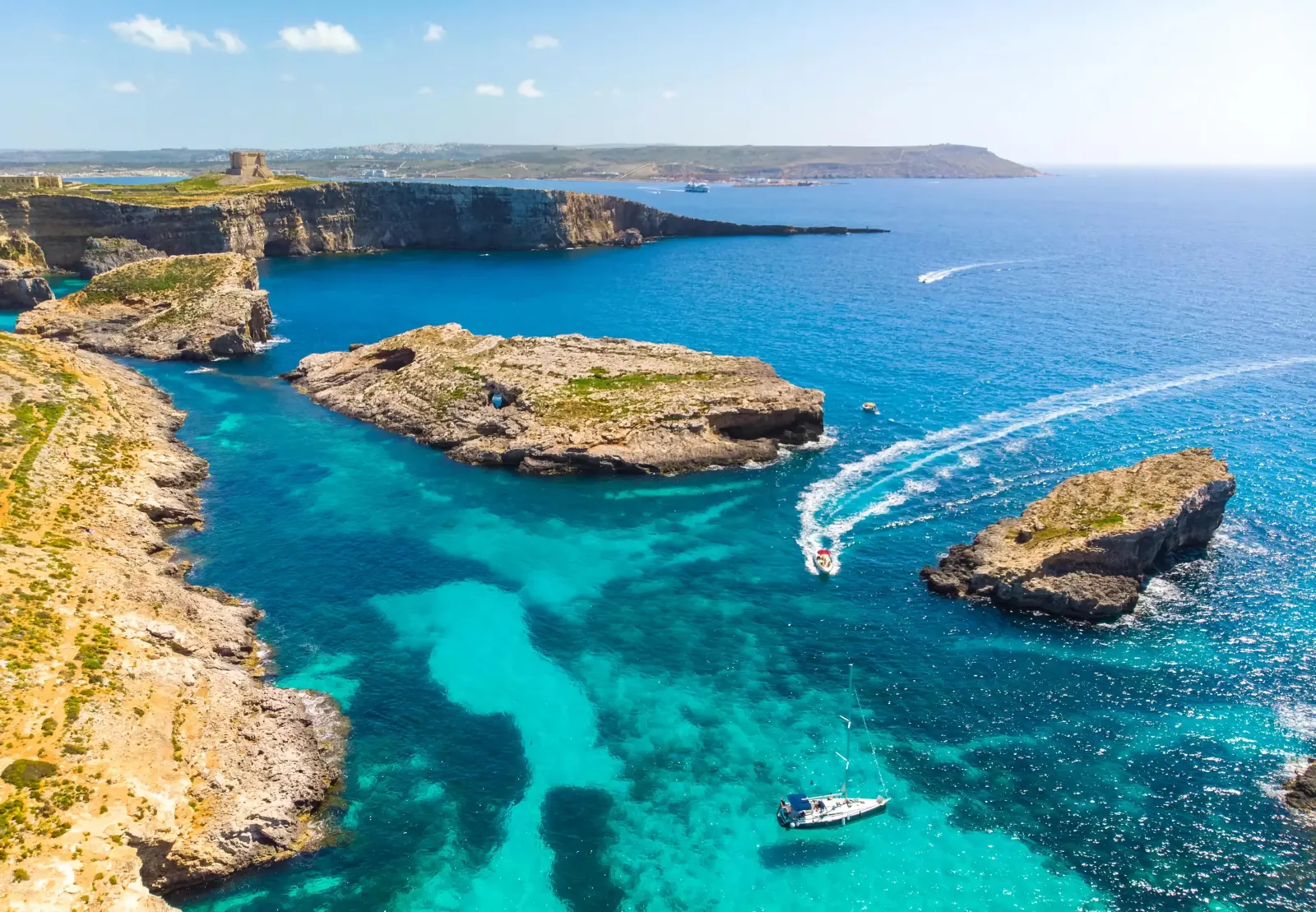 Aerial view of the channel between Comino and Cominotto at the Blue Lagoon